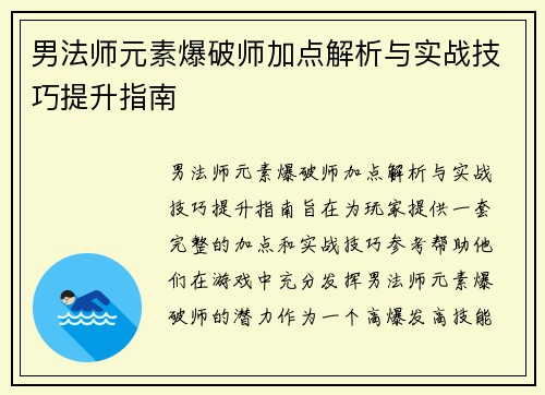 男法师元素爆破师加点解析与实战技巧提升指南